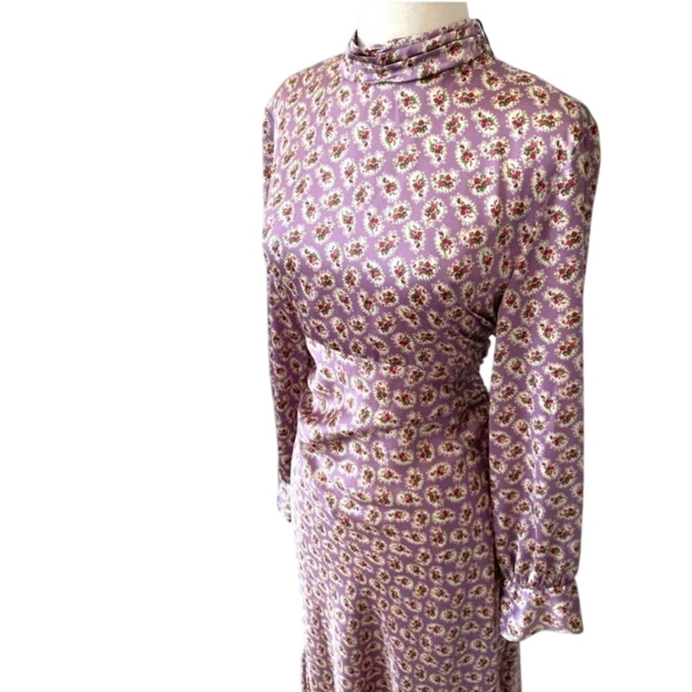 Zara Size M Floral Print Silky Satin Midi Dress Purple With Ruching Long Sleeve - Picture 5 of 12